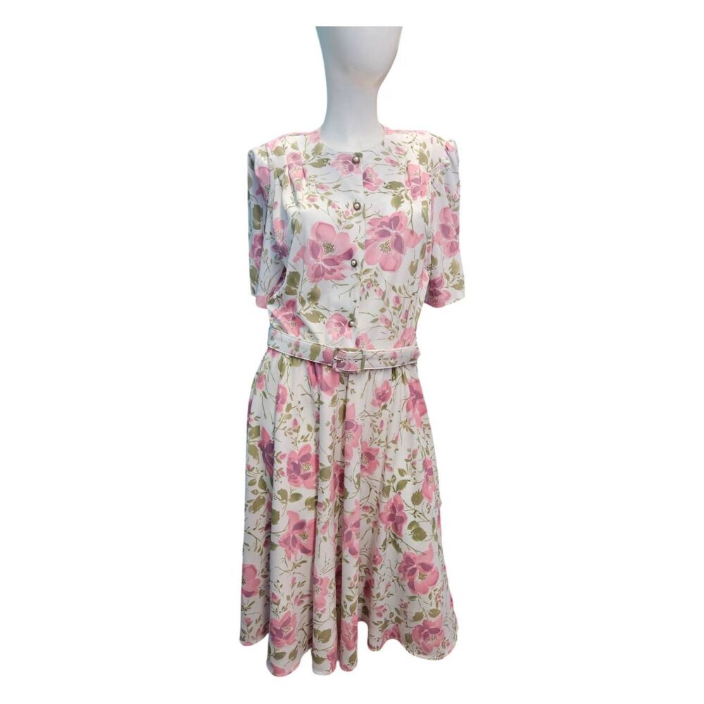 California Looks Pink Floral Dress Womens Size 14 fit and flare Belted Vintage 8